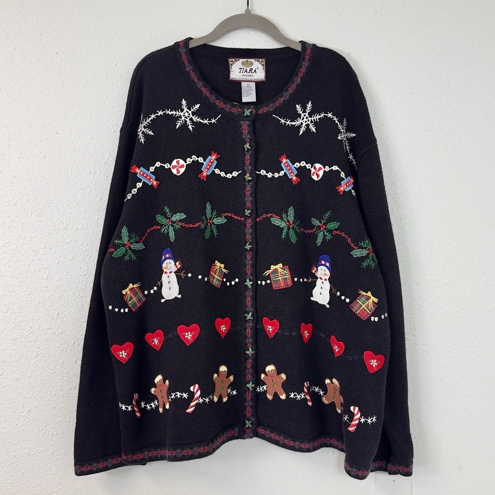 Tiara Black Cotton Knit Holiday Christmas Sweater Cardigan Embroidered 2XL